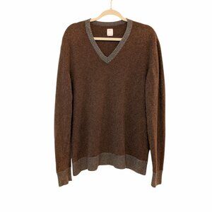 Mac Hay Mens Size XXL Brown 100% Cashmere Blue Ribbed Trim V-Neckline Sweater